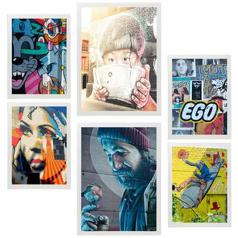 Set Di 6 Stampe Pittura Decorativa, Graffiti Colorati, Stencil Di Street Art Incorniciato Con Illustrazioni Di Design Per Le Pareti A3 & A4 Cornice Bianca - Foto 1
