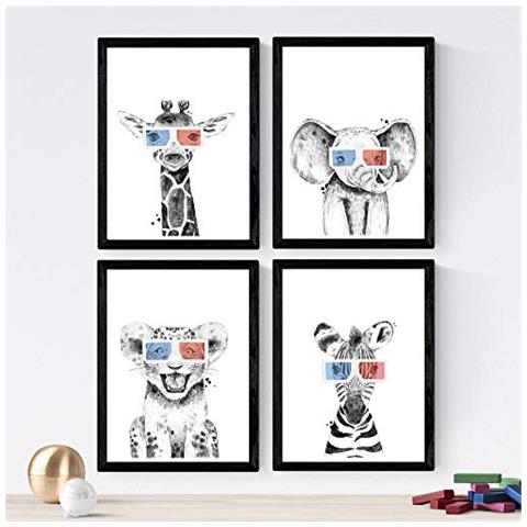 Set Di 4 Stampe Di Animali Per Bambini Con Occhiali 3d,.. Cornice Nera A3 - Foto 1