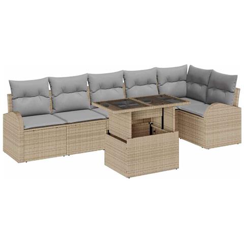 Set Divano da Giardino 7 Pezzi con Cuscini Beige in Rattan Polietilene, Divano da Giardino 2 Posti con Ripostiglio & Cuscini Beige in Rattan Polietilene - Foto 1
