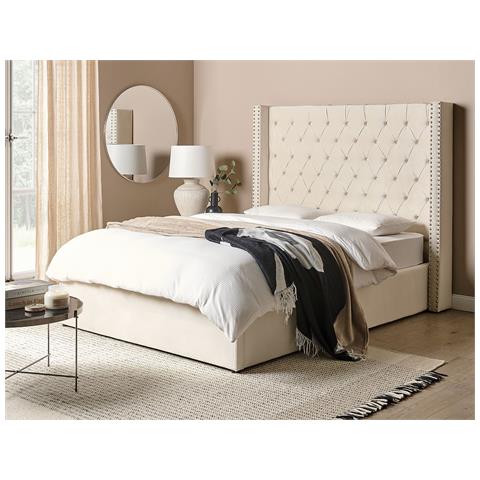 Beliani Letto Matrimoniale Contenitore Velluto Bianco Sporco 140 X