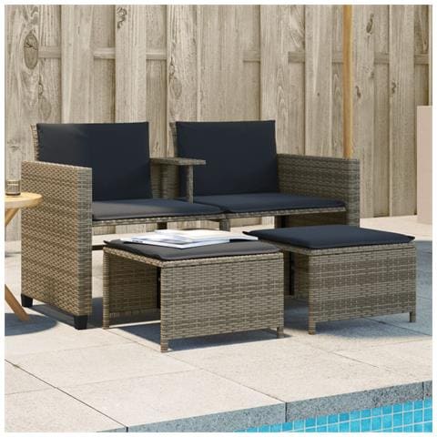 Divano Giardino 2 Posti Con Tavolo E Sgabelli Grigio Polyrattan - Foto 8