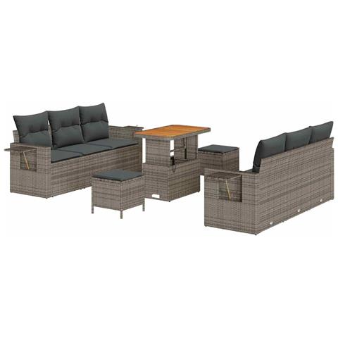 Set di Divani da Giardino  9 Pezzi con Cuscini Grigio Rattan PE Acacia, Set di Mobili da Giardino  3 Pezzi con Cuscini Grigio Rattan PE Acacia - Foto 1