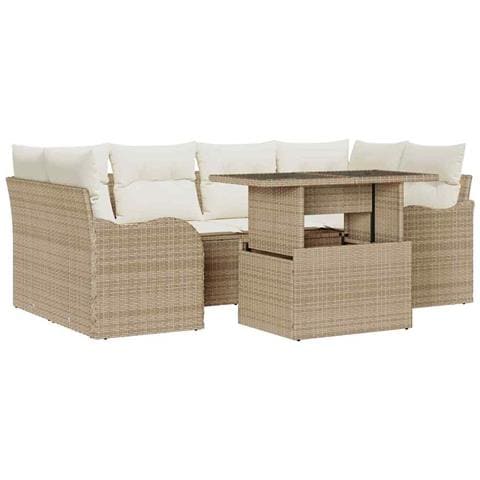 Set Divano da Giardino 7 Pezzi con Cuscini Beige in Rattan Polietilene, Divano da Giardino per 2 Persone con Cuscini Beige in Rattan Polietilene - Foto 1