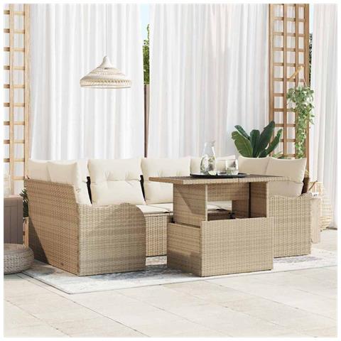 Set Divano da Giardino 7 Pezzi con Cuscini Beige in Rattan Polietilene, Divano da Giardino per 2 Persone con Cuscini Beige in Rattan Polietilene - Foto 2