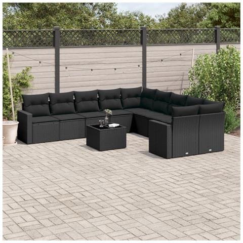 Set Divani da Giardino 11 pz con Cuscini in Polyrattan Nero - Foto 2