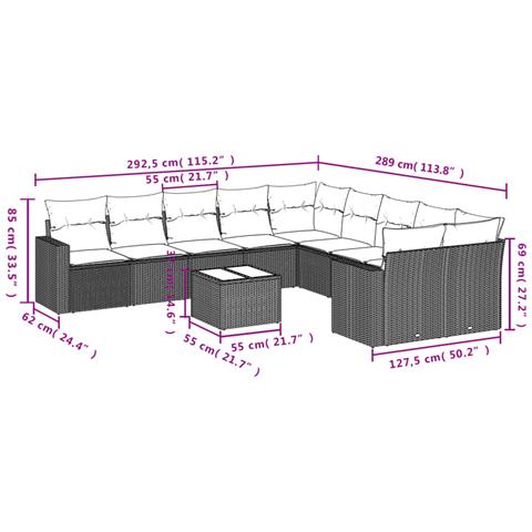 Set Divani da Giardino 11 pz con Cuscini in Polyrattan Nero - Foto 3