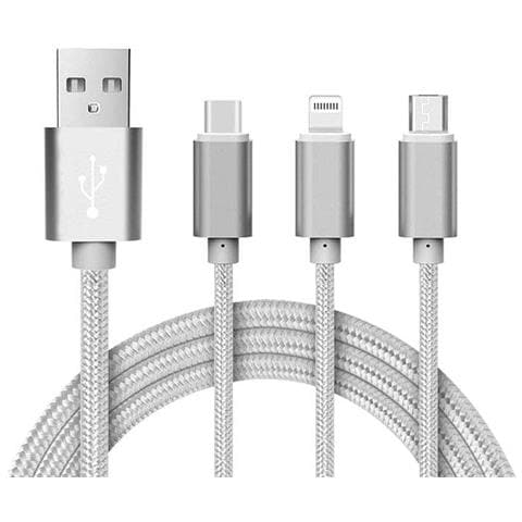 Cavo di Ricarica 3 in 1 Micro USB / USB 2.0 di Tipo C / Lightning 1.2 m Nylon - Argento - Foto 1