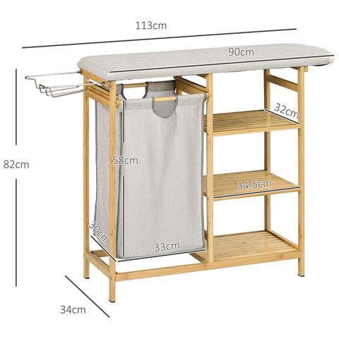 Cestino Portabiancheria In Bambù E Poliestere Con Asse Da Stiro E Ripiano A 3 Livelli, 113x34x82 Cm - Foto 6