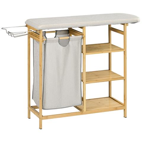 Cestino Portabiancheria In Bambù E Poliestere Con Asse Da Stiro E Ripiano A 3 Livelli, 113x34x82 Cm - Foto 1