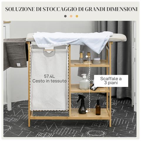 Cestino Portabiancheria In Bambù E Poliestere Con Asse Da Stiro E Ripiano A 3 Livelli, 113x34x82 Cm - Foto 2