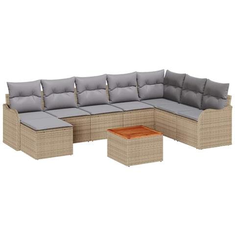 Set di divani da giardino 9 pezzi con cuscini beige in rattan, Divano da giardino per due persone con cuscini beige - Foto 1