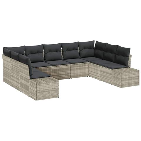 Set di divani da giardino da 9 pezzi con cuscini grigio chiaro in polyrattan - Foto 1