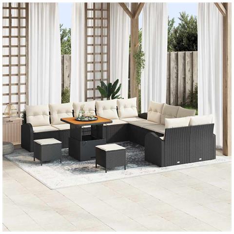 Set divani da giardino  13 pezzi con cuscini Rattan Nero Poly Acacia, Divano da giardino  2 posti con cuscini Rattan Nero Poly, Set da pranzo da giardino  3 pezzi con cuscini Rattan Nero Poly Acacia - Foto 2