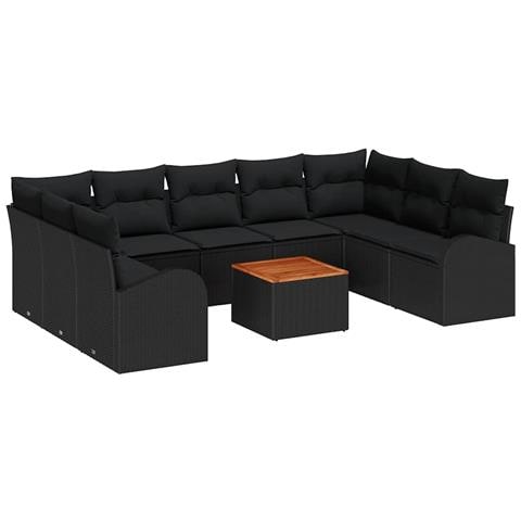 Set Divano Giardino 10 Pezzi con Cuscini Nero Polirattan Acacia - Foto 1