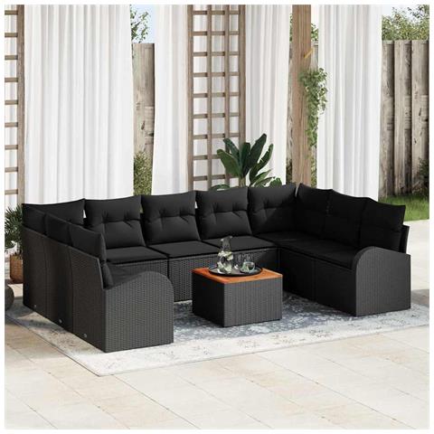Set Divano Giardino 10 Pezzi con Cuscini Nero Polirattan Acacia - Foto 2