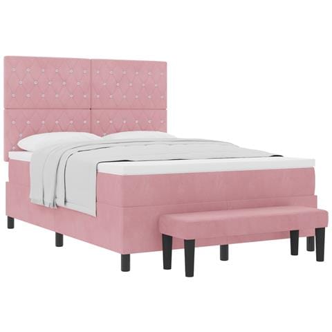 Letto a Molle con Materasso & Panca Rosa 140x190 cm Velluto - Foto 1
