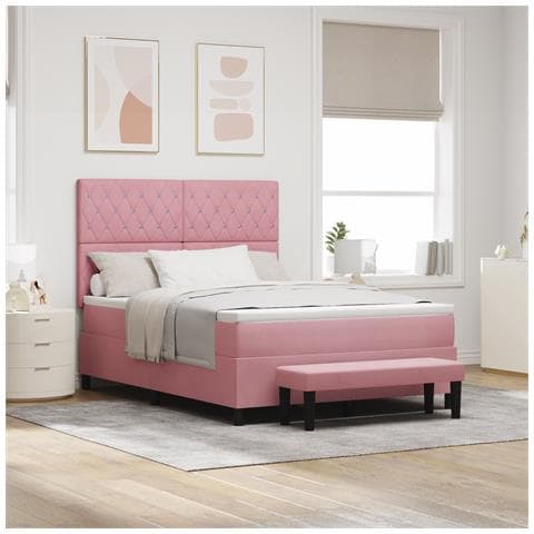 Letto a Molle con Materasso & Panca Rosa 140x190 cm Velluto - Foto 2