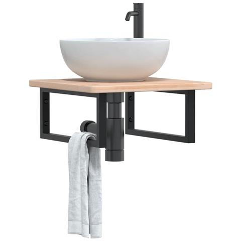 Ripiano a Parete per Lavabo in Acciaio e Massello di Rovere - Foto 2