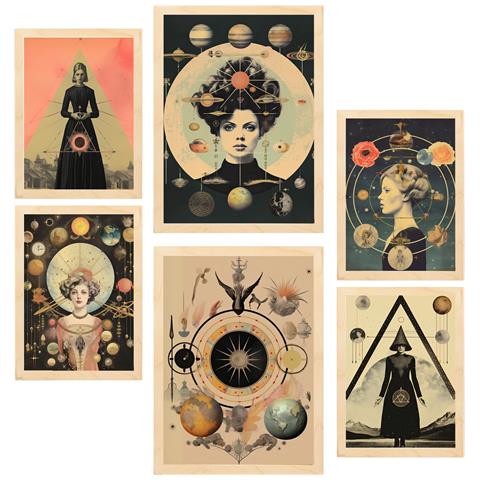 Set Di 6 Stampe Pittura Decorativa Collage Surreale Nel Mistico Ed Esoterico In Beige E Nero Illustrazioni Per A3 & A4 Telaio In Legno Chiaro - Foto 1