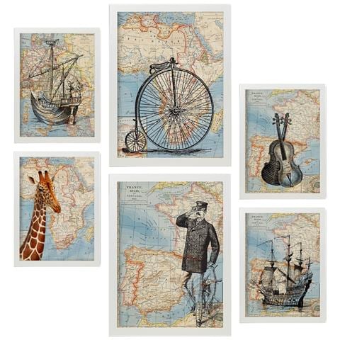 Set Di 6 Stampe Mappe D'epoca Mappe Topografiche In Stile Retrò Di Europa, Africa E Spagna In Colori Tenui A3 & A4 Cornice Bianca - Foto 1