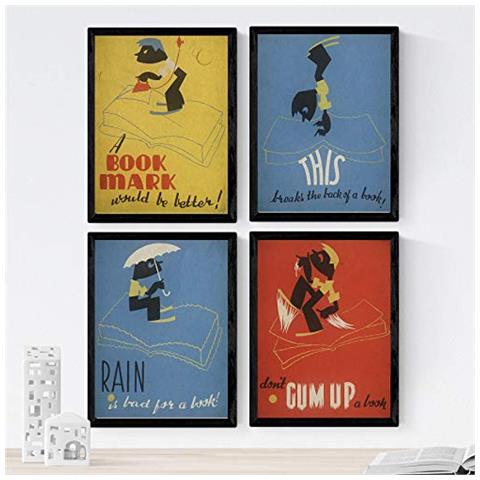 Set Di 4 Stampe Posters Vintage. Posters Con Anuncios Antiguos. Cuatro Carteles Vintage De Biblioteca Y Libros Senza Cornice A4 - Foto 1