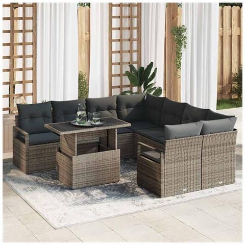 Set di Divani da Giardino  9 Pezzi con Cuscini Grigio Rattan Polietilene, Divano da Giardino  2-Persone con Ripostiglio e Cuscini Grigio Rattan Polietilene - Foto 2