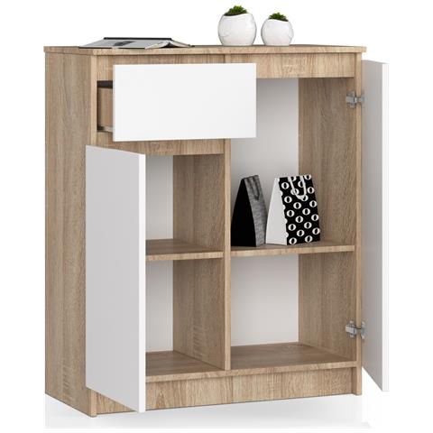 Cassettiera K80, 2 ante e 1 cassetto, 80x40x99 cm, Colore Sonoma Quercia e Bianco - Foto 2