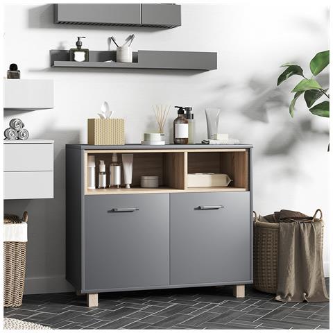 Mobiletto Bagno Moderno con Vani Aperti e Armadietto a 2 Ante, 80x35x70 cm, Grigio - Foto 2