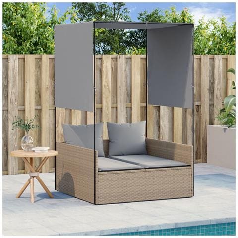 Lettino Prendisole con Tetto e Tende Beige in Polyrattan - Foto 2