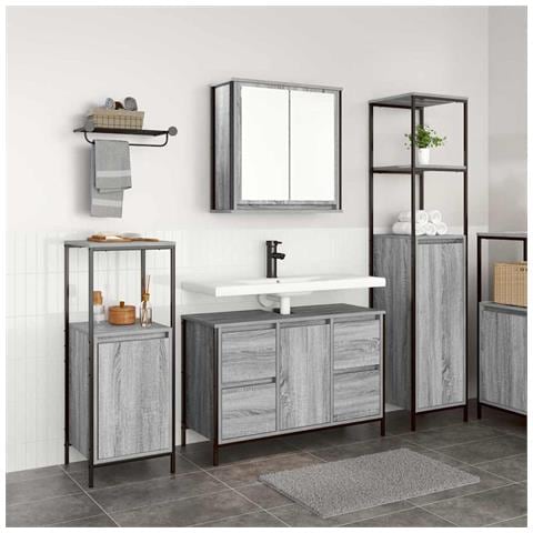 Set di mobili per il bagno con porta 3 pcs Grigio sonoma e Nero - Foto 2