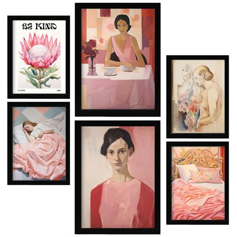 Set Di 6 Stampe Rosa Romantica In Versatili Dipinti Decorativi Estetici Per Il Tuo Soggiorno, Camera Da Letto, Casa A3 & A4 Cornice Nera - Foto 1