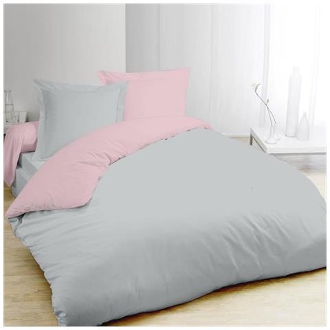 Parure De Couette Bicolore 100% Coton - 1 Housse De Couette 220x240 Cm + 2 Taies 65x65 Cm Gris Et Rose - Foto 1