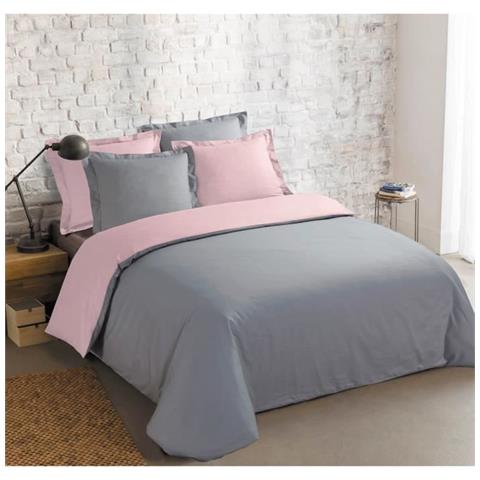 Parure De Couette Bicolore 100% Coton - 1 Housse De Couette 220x240 Cm + 2 Taies 65x65 Cm Gris Et Rose - Foto 2
