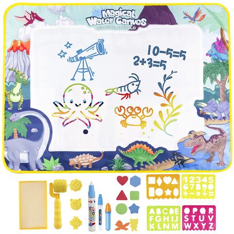 Lavagna Per Bambini Per Disegnare Con Acqua Di 100x80cm. Design Dinosauri. Include 3 Pennarelli D'acqua, Modelli Di Disegno E Scrittura, 4 Timbri A Forma E 8 Figure In Eva. - Foto 1