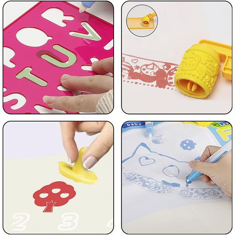 Lavagna Per Bambini Per Disegnare Con Acqua Di 100x80cm. Design Dinosauri. Include 3 Pennarelli D'acqua, Modelli Di Disegno E Scrittura, 4 Timbri A Forma E 8 Figure In Eva. - Foto 2