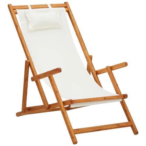 Sdraio Pieghevole In Massello Di Eucalipto E Tessuto Crema - Foto 2