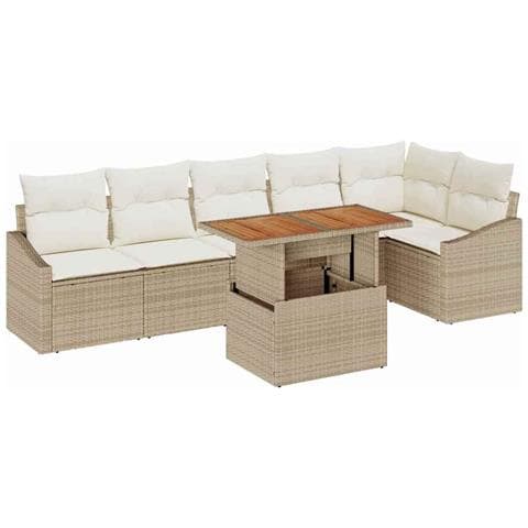 Set da Pranzo da Giardino 7 Pezzi con Cuscini Beige in Polirattan Acacia - Foto 1