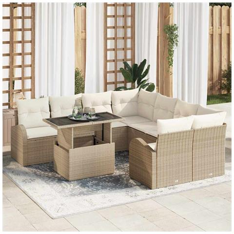Set di Divani da Giardino 9 Pezzi con Cuscini Beige Polirattan - Foto 2