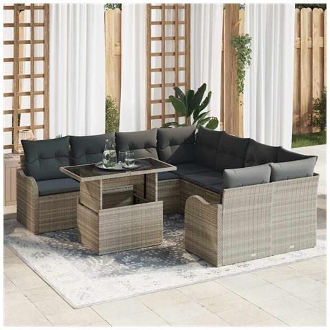 Set di Divani da Giardino da 9 Pezzi con Cuscini Grigio Chiaro in Rattan Polietilene,  Divano da Giardino per Due Persone con Cuscini Grigio Chiaro in Rattan Polietilene - Foto 2