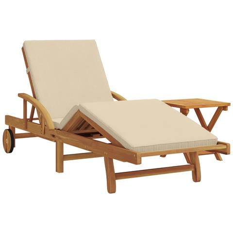 Lettino prendisole con cuscino e tavolo in legno massello di acacia beige - Foto 1