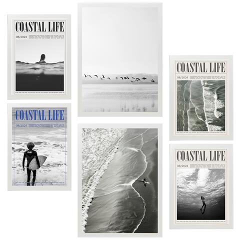 Set Di 6 Stampe Dipinto Decorativo Estate, Spiaggia E Mare Incorniciato Con Illustrazioni Di Design Per La Decorazione Murale A3 & A4 Cornice Bianca - Foto 1