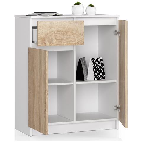Cassettiera K80, 2 ante e 1 cassetto, 80x40x99 cm, Colore Bianco e Sonoma Quercia - Foto 2