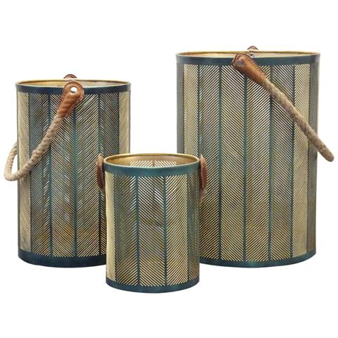 Set 3 Lanterne In Acciaio Con Interno Dorato E Manico In Juta Golden Light - Darkgreen - Foto 1