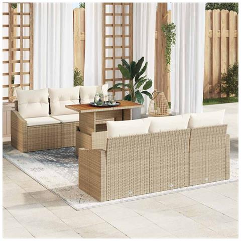 Set da Pranzo da Giardino 7 Pezzi con Cuscini Beige in Polirattan Acacia - Foto 2