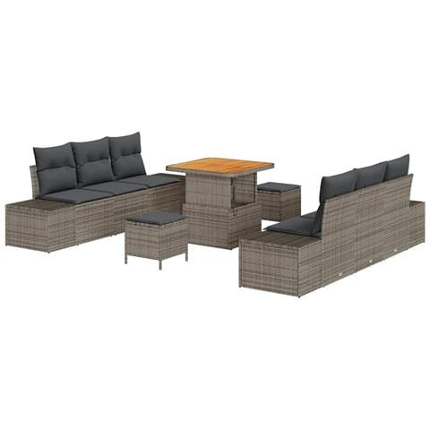 Set di divani da giardino 9 pezzi con cuscini in grigio rattan sintetico, Divano da giardino a 2 posti con cuscini in grigio rattan sintetico, Set da pranzo da giardino 3 pezzi con cuscini in grigio rattan sintetico - Foto 1