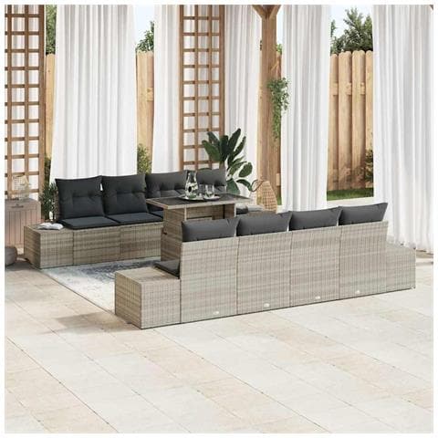 Set di Divani da Giardino da 9 Pezzi con Cuscini Grigio Chiaro Polyrattan - Foto 2