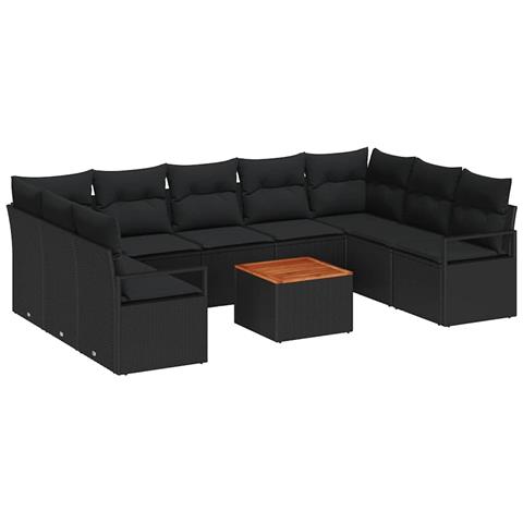 Set Divano Giardino 10 Pezzi con Cuscini Nero Polyrattan Acacia, Divano Giardino 2 Posti con Spazio di Archiviazione & Cuscini Nero Polyrattan - Foto 1