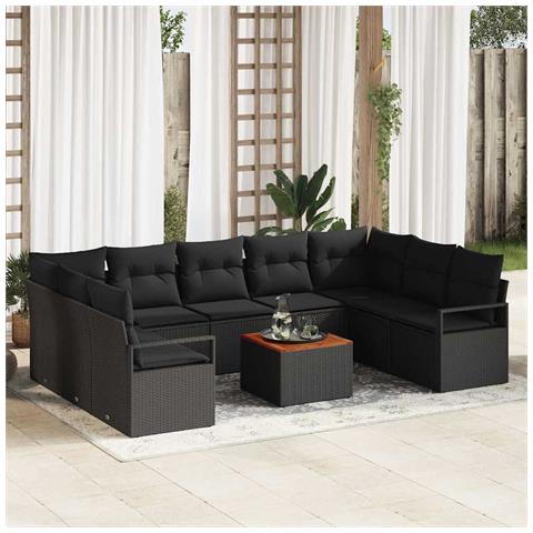 Set Divano Giardino 10 Pezzi con Cuscini Nero Polyrattan Acacia, Divano Giardino 2 Posti con Spazio di Archiviazione & Cuscini Nero Polyrattan - Foto 2