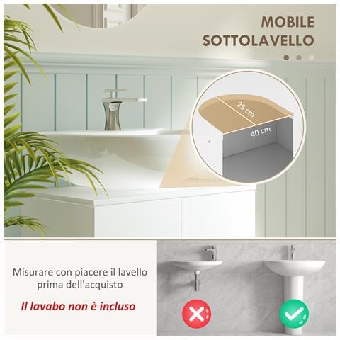 Mobile Sotto Lavabo Bagno a 2 Ante con Ripiano Centrale, in MDF, 60x35x60 cm, Bianco - Foto 6