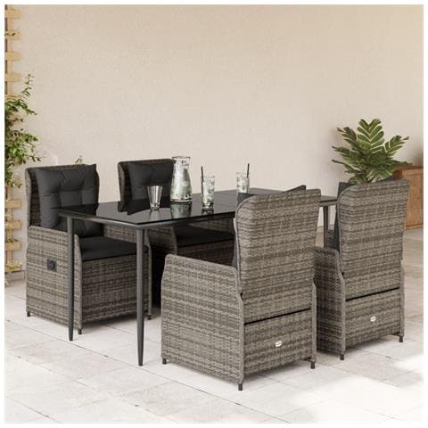 Set Da Pranzo Da Giardino 5 Pz Con Cuscini In Polyrattan Grigio - Foto 1